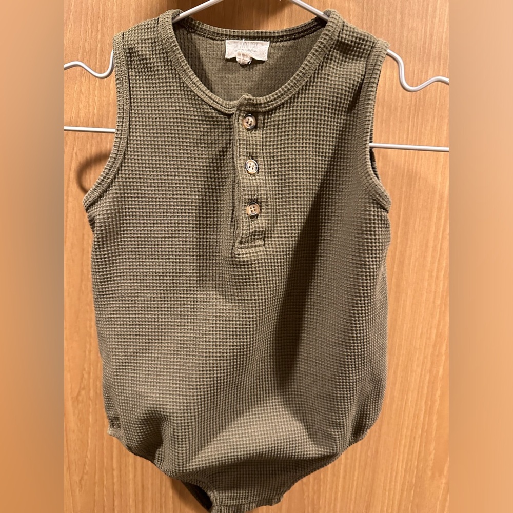 The Simple Folk 2-3 Tank Seeker Romper, Olive Green, Waffle, Bubble, Organic